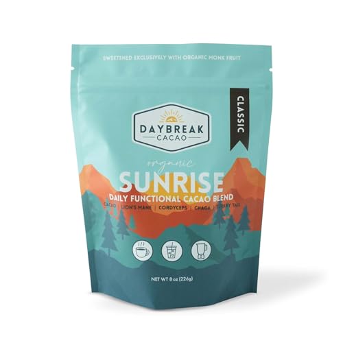 Daybreak Cacao – Organic Mushroom Hot Chocolate Mix | Cacao Drink Mix with Lion's Mane, Chaga, Cordyceps & Turkey Tail | Coffee Alternative | Monk Fruit Sweetened | Enjoy Hot or Cold – Classic 8oz
