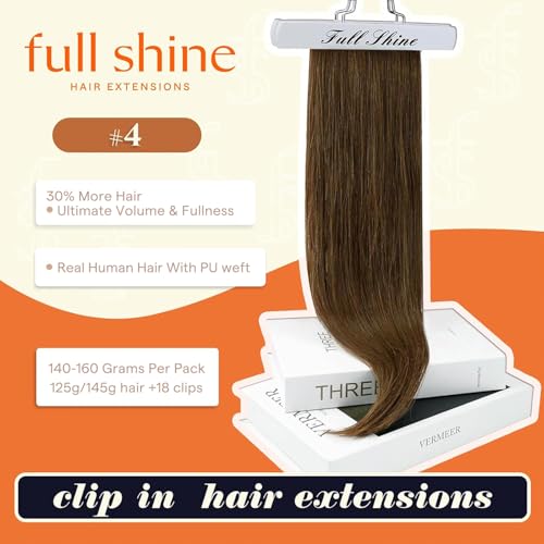 Image of Full Shine Seamless Clip in Human Hair Extensions, Medium Brown (Color 4), Invisible PU Weft, Dense Volume Coverage for Medium to Thick Hair, 22 Inch 160g 8 Pcs