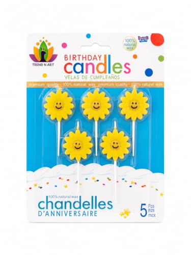 Image of Smiley Flower Birthday Candles for Cake Decoration, Pack of 5, flower Shape Decorative Cake Candles, Natural Wax Party Candles for Birthday, Anniversary, Baby Shower & Celebration (YELLOW)