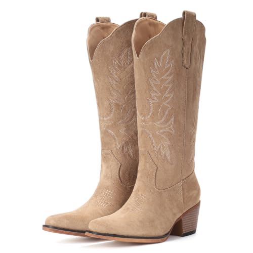Image of IUV Suede Cowboy Boots for Women Mid Calf Western Cowgirl Boots