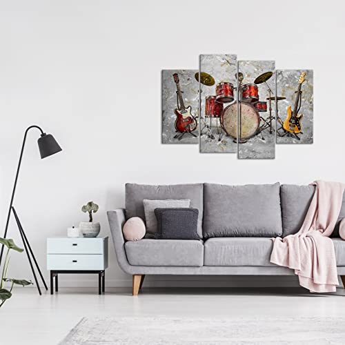 Derkymo Vintage Music Canvas Wall Art Drum Guitar Picture Painting Prints For Music Studio Music Bar Decoration Framed Ready To Hang 12"X24"X2Pcs+12"X32"X2Pcs #TOP1