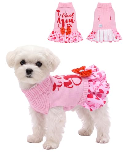 CuteBone Valentine Dog Sweater Dress with Bow for Small Medium Dogs & Cats