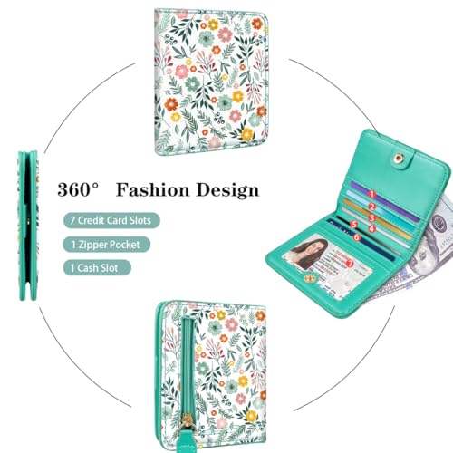Image of Small Womens Wallet Thin Credit Card Holder Pocket Mini Purse | Compact Women Slim RFID Blocking Wallets Bifold Ladies Pocket Card Holders for Travel & Daily Use, Green Floral