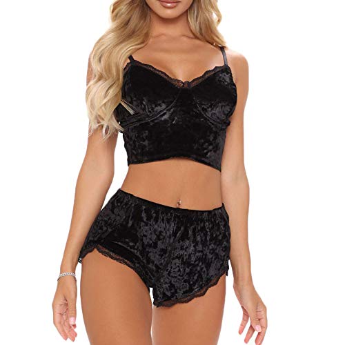 Image of RUEWEY Women Sexy Strappy Babydoll Lingerie Satin Pajama Set Camisole with Shorts 2 Piece Sleepwear