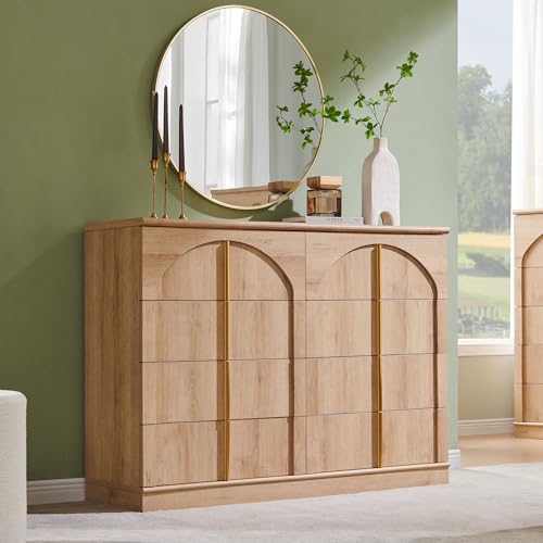 ACCOHOHO Large Dresser for Bedroom with 8 Drawers with Arched Panel,Modern Minimalist Chest of Drawers with Gold Handles,Wood Storage Closet Dressers Tv Stand for Living Room, Hallway,Natural Oak