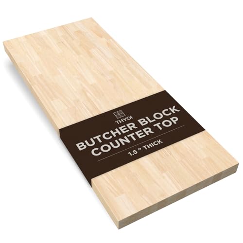 THYOI 5ft Hevea Butcher Block Countertop, 60' L x 25' W x 1.5' Thick Solid Wooden Table Top, Kitchen Countertops, DIY Butcher Block Desks and Unfinished Wood Table Tops for Customization