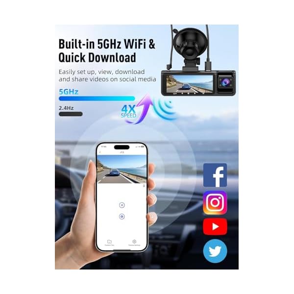 3 Channel 5G WiFi Dash Cam, 4K+1080P+1080P Dash Cam Front and Rear Inside with 64GB Card, 3.16” IPS Screen, G-Sensor, Loop Recording, Parking Monitor, 170° Wide Angle, IR Night Vision, WDR, Silver - Image 5
