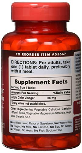 Puritan's Pride Apple Cider Vinegar 600 mg, Vegetarian Dietary Supplement, 6 Month Supply, 200 Tablets (Packing May Vary)