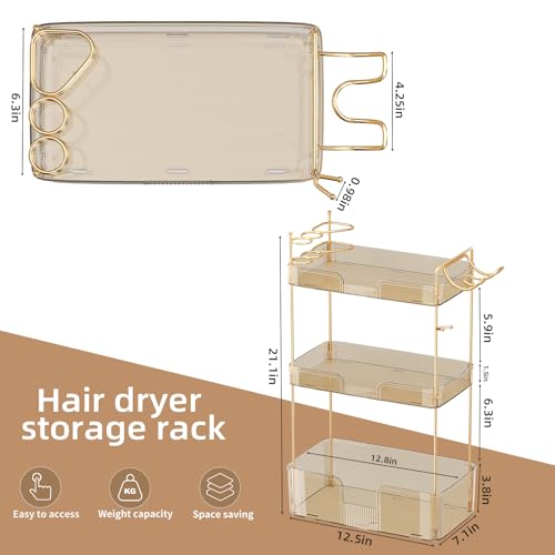 Image of Akinbas 3 Tier Bathroom Organizer Countertop Makeup Perfume Tray Skincare Organizer Comes with Hair Dryer Rack and Toothbrush Holder for Bathroom Dresser Vanity (Gold)
