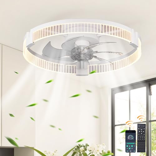 Image of Garwarm Ceiling Fans with Lights,20IN Ultra Low Profile Ceiling Fan with Light and Remote, Dimmable 3000K-6000K LED Fandelier Flush Mount, DC Motor, for Bedroom, Kitchen, Office