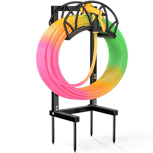 HZE Garden Hose Holder, Freestanding Water Hose Holder Stand for Outside, Heavy Duty Detachable Metal Garden Tube Storage Hanger Rack Holds 160 FT for Yard Lawn Farm, Black