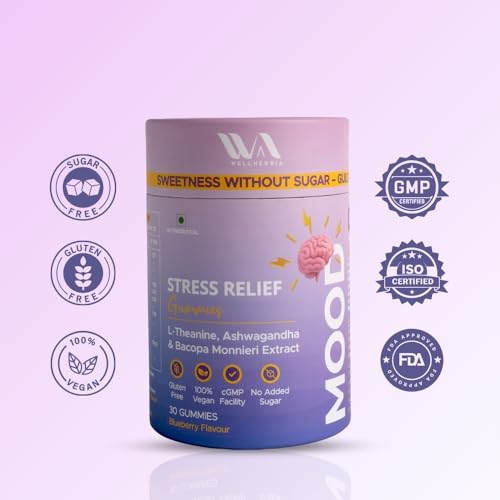 Wellnessia Stress Relief Gummies with Ashwagandha, L-Theanine & Bacopa | Reduces Stress & Anxiety | Supports Sleep, Mood & Focus | Natural Sugar-Free Supplement | 30 Gummies