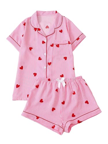 Milumia Womens Two Piece Pajama Set Heart Print Striped Short Sleeve Sleepwear with Shorts Red and Pink Medium