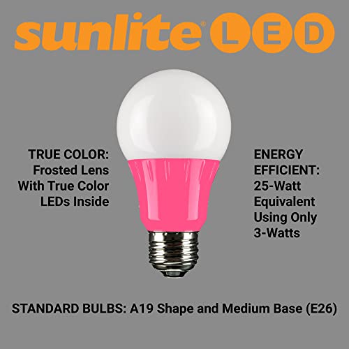 Sunlite 40473 Led A19 Colored Light Bulb, 3 Watts (25W Equivalent), E26 Medium Base, Non-Dimmable, Ul Listed, Party Decoration, Holiday Lighting, 6 Count, Pink #TOP5