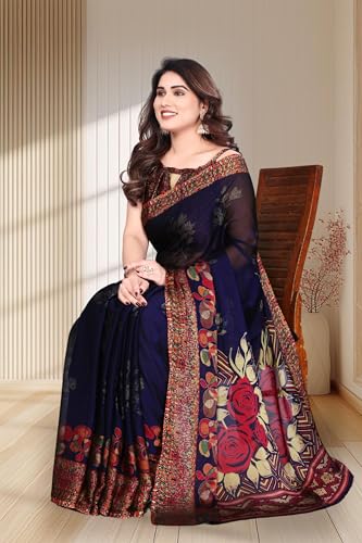 Image of SUPERLAXMI Women's Chiffon Floral Printed Saree with Blouse Piece
