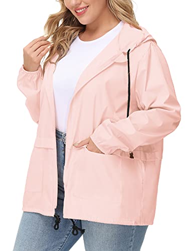 Avoogue Plus Packable Rain Jacket Women's Waterproof Windbreaker Light Quilted Zip Up Jacket Hooded Raincoat Pink 2Xl #TOP1