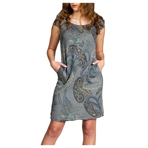 Caspar SKL022 Damen Sommer Leinenkleid mit Paisley Print bis Größe 50, Farbe:dunkelgrau, Größe:XL - DE42 UK14 IT46 ES44 US12