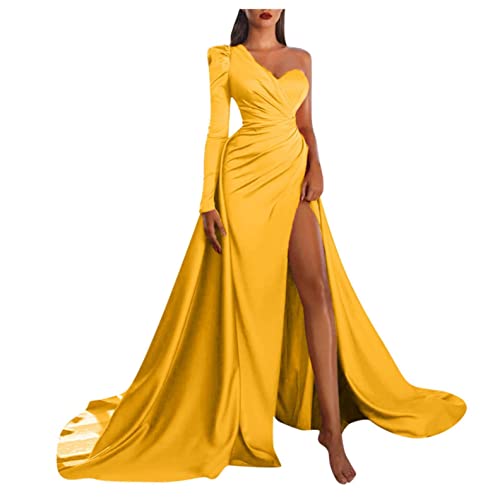 Wadonerful Womens Party Evening Dress Off One Shoulder Long Sleeve High Slit Maxi Long Dress Wedding Banquet Prom Gown Dress Yellow