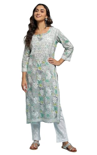 House of Chikankari Mulmul Printed Women's Long Kurta - Grey & Green-XL Deal