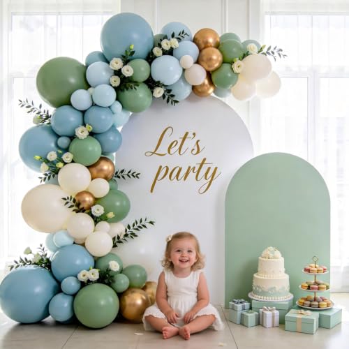 Image of Dusty Blue Green Balloon Arch Kit,White,Gold,144 pcs | Different Sizes for18 12 10 5 inch ,Baby Shower,Wedding,Bridal Boho, Birthday Party,Decorations
