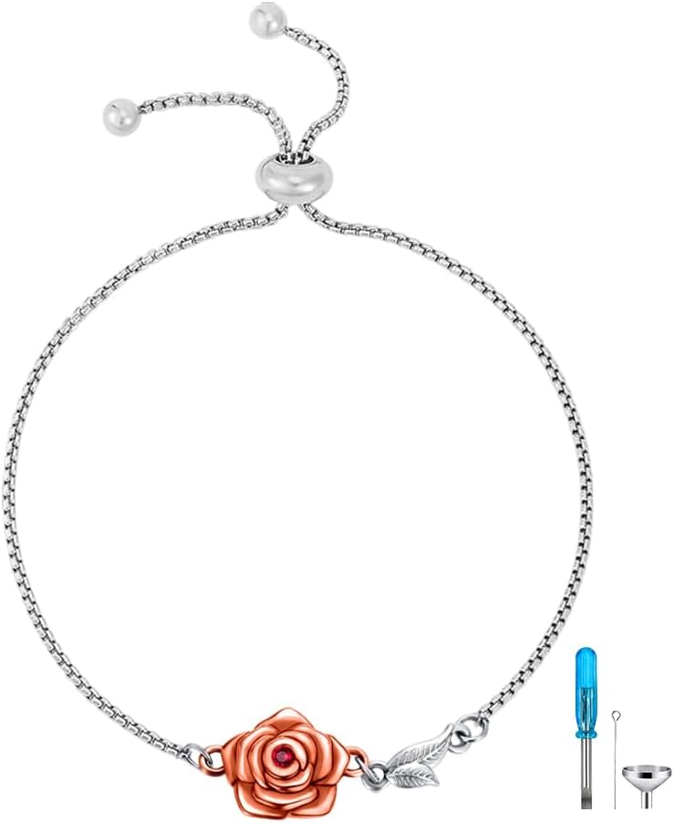 AOBOCO 925 Sterling Silver Rose Flower Urn Bracelet for Loved Ones Ashes Cremation Keepsake Bracelet Memorial Jewelry Gift for Women-with 1.5mm Adjustable Sliding Box Chain in 6.5" to 8"