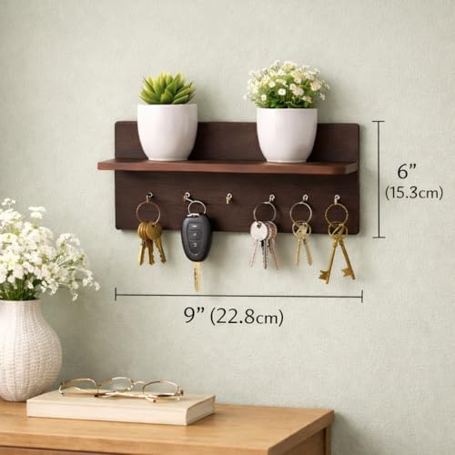 Image of CAPIO ART Wooden Key Holder for Wall with Shelf, Dark Walnut Finish | 6 Hooks, Wall Mounted, 9 x 6 Inch, Multipurpose Organizer