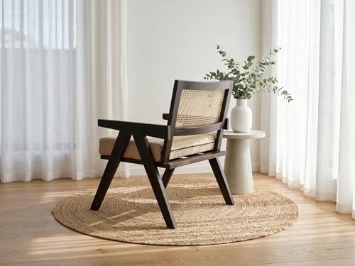Image of WELL KNOWN Solid Sheesham Wood & Cane Chair Wooden Rattan Arm Chair | Dining Chair for Living Room, Bedroom, Indoor, Outdoor & Home | Walnut Finish