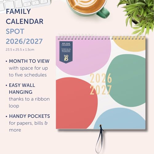 Busy B Family Wall Calendar - Mid-Year Calendar Aug '26 - Aug '27 Multi Spot Design For Busy Families with 5 Columns, Storage Pockets, Ribbon Hanging Loop & Colour-Coded Stickers - 25.5 x 23.5cm - Image 2
