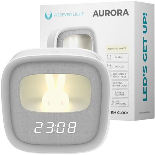 Forever Light Réveil Lapin LED PURE FNL-06 AURORA - Horloge numérique, veilleuse enfant, minuterie, chambre d'enfant, lapin 3D, USB-C