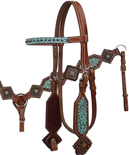 Showman Teal & Brown Filigree Print Headstall & Breast Collar Set w/Reins! New Horse TACK!