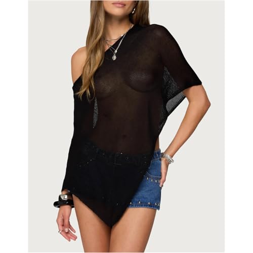 Women Sexy Sheer Cover Ups Solid Color See Through Off Shoulder Shrug Pullover Tops Mesh Knit Poncho for Beach2