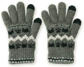 [GlovesDEPO] レディース やわらかニット手袋 5本指 日本製 タッチパネル対応 ねこモチーフ グレー