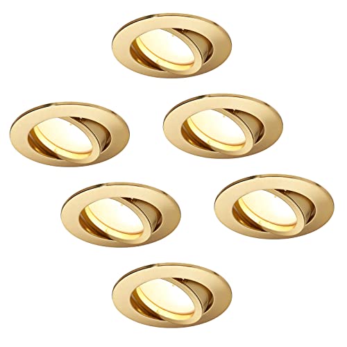 HCFEI Foco LED empotrable, regulable, oro mate, redondo, giratorio, 5 W, plano, 230 V, foco empotrable, 68 mm, ángulo de haz de 120°, blanco cálido, 3000 K (paquete de 6)