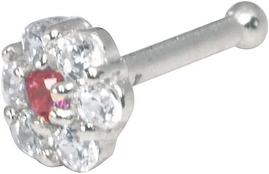 Jewelryweb - 14k Gold Red Flower CZ Nose Ring - 3mm 20g Nose Stud - Hypoallergenic Threadless Piercings for Women Men, Yellow White Real Gold - Simulated Diamond Nose Rings Studs - Nose Piercing Jewelry
