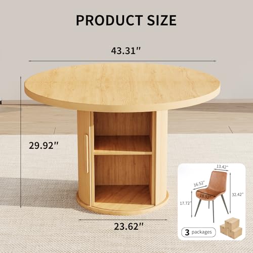 Image of HIPIHOM 5-Piece Dining Set for Small Spaces 43.3 inch Round Table & 4 PU Leather Chairs, Modern Farmhouse with Storage Shelf, Apartment Kitchen Easy Assembly (Natural Color Round Table + 4 Brown Chairs)