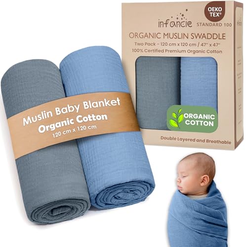 Image of Organic Cotton Muslin Baby Blanket - 47x47 Inch Breathable Swaddle, Hypoallergenic Double-Layer, Versatile Use (Slate/Aquarius, 47x47 Inch)