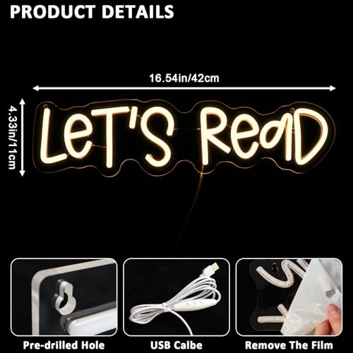 Image of Let's Read Neon Sign for Wall Decor, Reading Led Signs for Library, USB Dimmable Book Neon Lights for Classroom Reading Corner Bedroom Study Room Home Book Club Motivational Wall Art