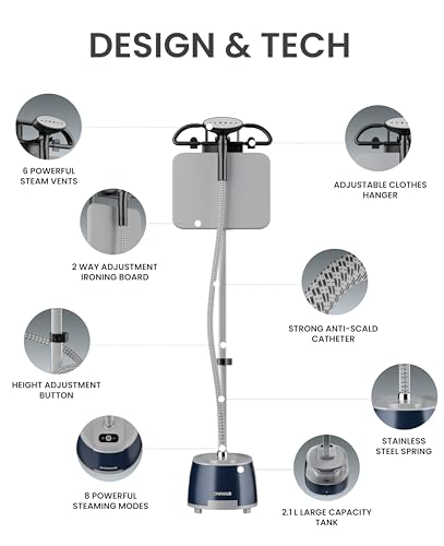 Image of OWNAIR Standing Iron Steamer For Clothes, Vertical Standing Garment Steamer, 2.1L Water Tank, 32 g /min, 8 Heat modes, 2000 watt, Adjustable Iron Board, Horizontal and Vertical, 1 year warranty