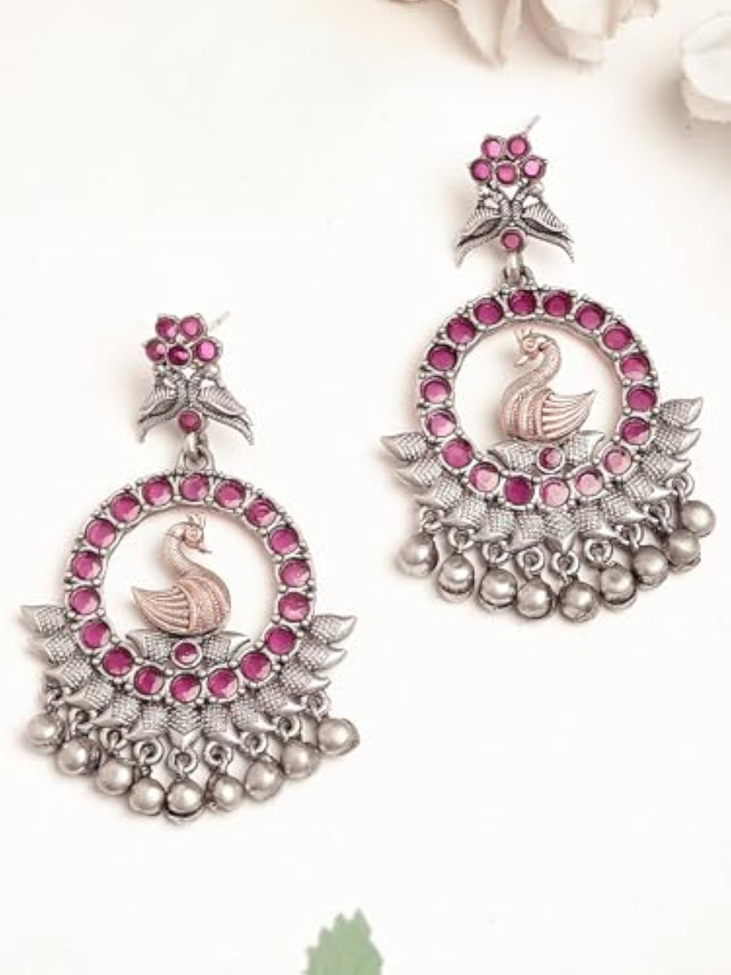 Antique Silver Plated Peacock Tribal Drop Earrings for Women