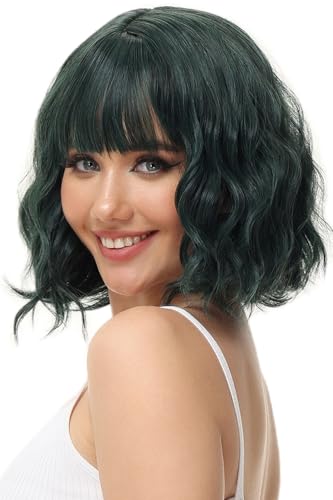 Rose bud Wavy Bob Wig with Bangs Natural Green Wig Synthetic Hair...