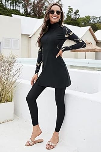 Doeunner Women Muslim Swimsuits UPF 50+ Modest Islamic Swimwear Burkini Long Sleeve Leggings Pants Two-piece Bathing Suits Full Coverage Tops Pants Set Rash Guard Bodysuit Surfwear Wetsuit Beachwear
