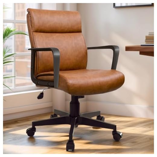 Artswish Leather Office Chair Brown Desk Chair with Wheels Arms, Mid Back Leather Executive Computer Chair Mid Century Chairs for Home Office