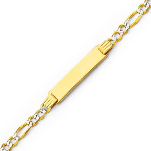 14K Yellow Gold White Pave 4.0mm Mens ID Figaro Bracelet with Lobster Claw Clasp - 7.5" Inches