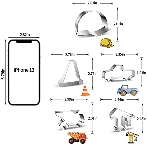 Cookdaomo Construction Theme Cookie Cutters Set(10 Pcs),Stainless Steel Cookie Molds Safety Helmet,Road Cone,Pickup Truck,Dumper Truck,Crane,Bulldozer,Excavator,Forklift,Mixer Car,Road Roller Pattern #TOP2