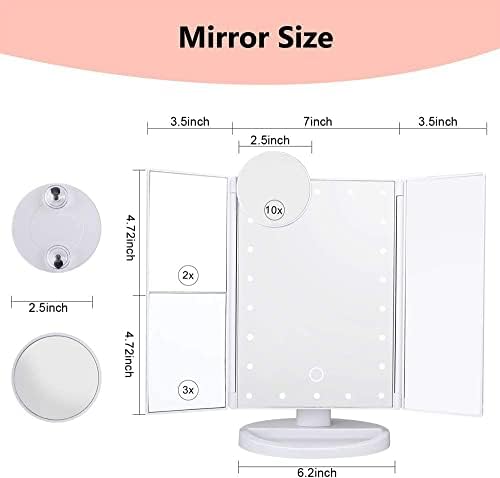 Nestling Makeup Mirror with LED Lights, 22 LED Lights Vanity Cosmetic Mirror with Touch Screen, Magnification Tri-Fold 2X 3X Magnifying, 180° Free Rotation, Dual Power Supply LED Mirror (White)
