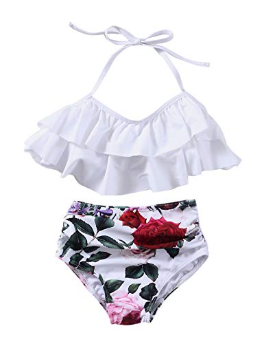 XUNYU Girls Swimsuit Falbala High Waisted Bathing Suit Halter Neck Bikini Swimwear Tankini White 2-3 Years