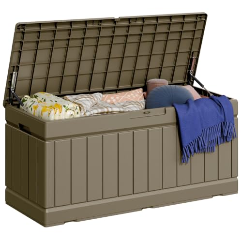 Greesum 82 Gallon Resin Deck Box All Weather Large Outdoor Storage for Patio Furniture, Toys, Garden Tools, Lockable, Light Coffee