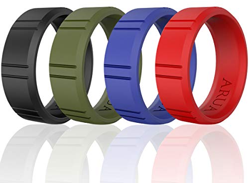 Rubber Wedding Bands for Men - 4 Pack Comfortable Silicone Rings Set - Black, Blue, Green, Red