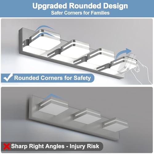 Image of Torondo 360 Rotate LED Bathroom Vanity Light Fixtures, Acrylic Vanity Lights for Bathroom, Modern Wall Lighting Fixtures Over Mirror Living, Chrome, Natural White, 4-Light, 27-Inch