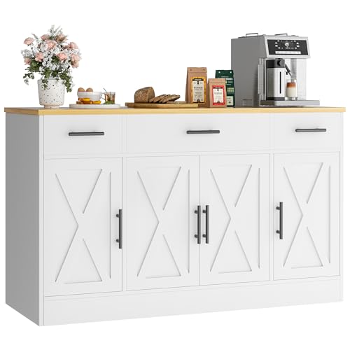 Vongrasig 53 Large Sideboard Buffet Cabinet with 4 Doors and 3 Drawers Farmhouse Buffet Table Coffee Bar Kitchen Storage Cabinet Wood Buffet Table for Kitchen Dining Room White